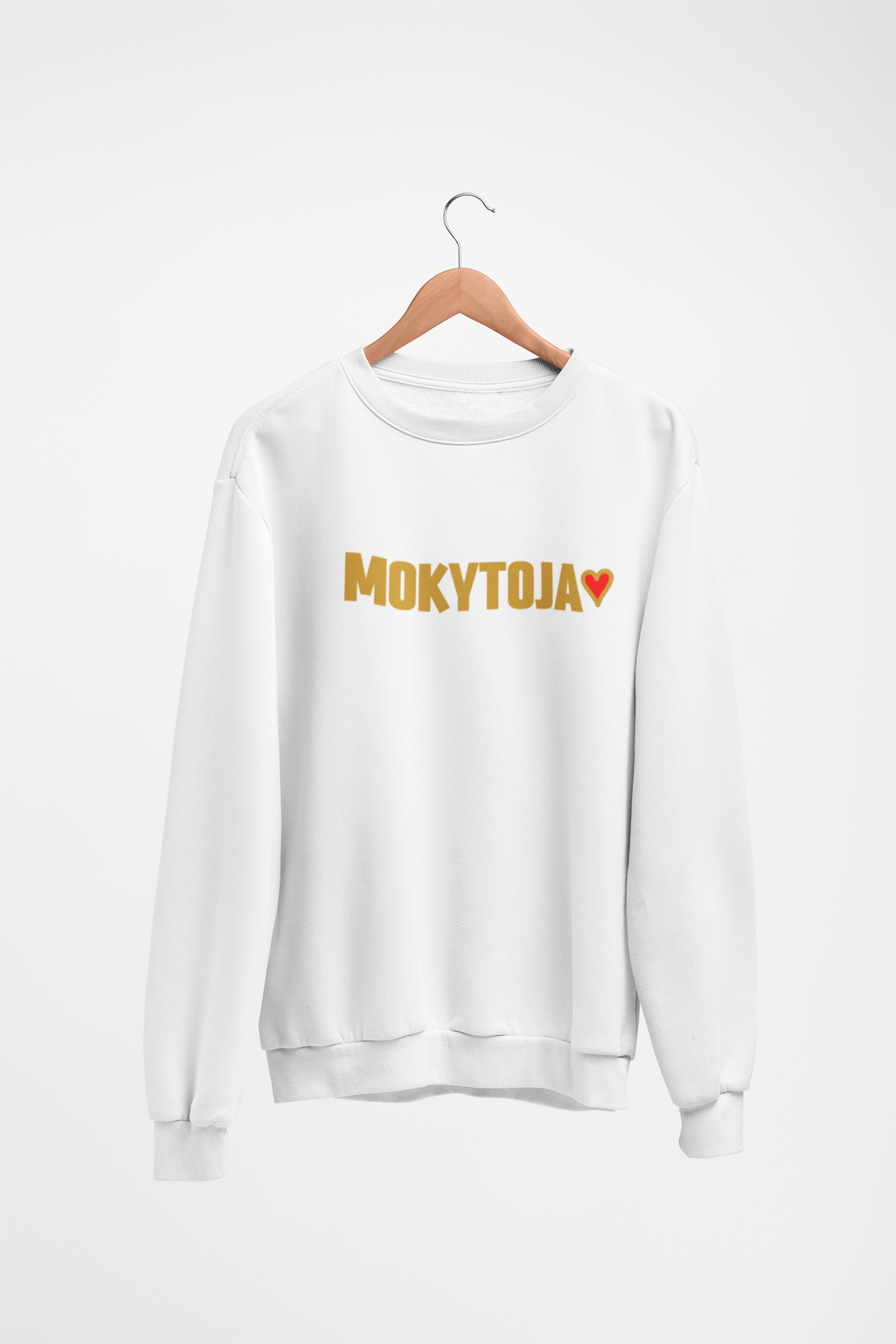 Baltas Unisex džemperis be gobtuvo "Mokytoja su širdele". Didelis užrašas.