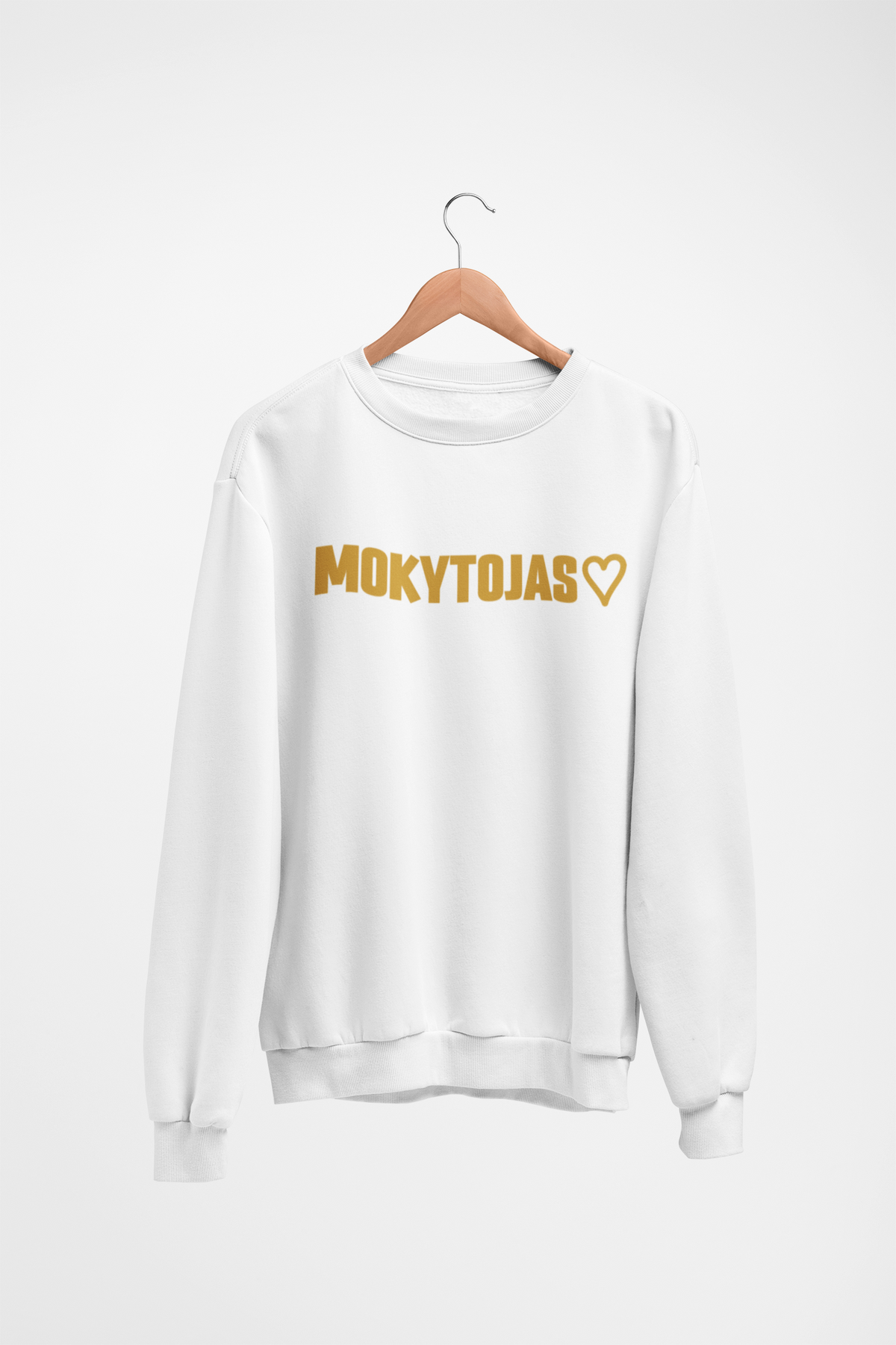 Baltas Unisex džemperis be gobtuvo "Mokytojas su širdele". Didelis užrašas.