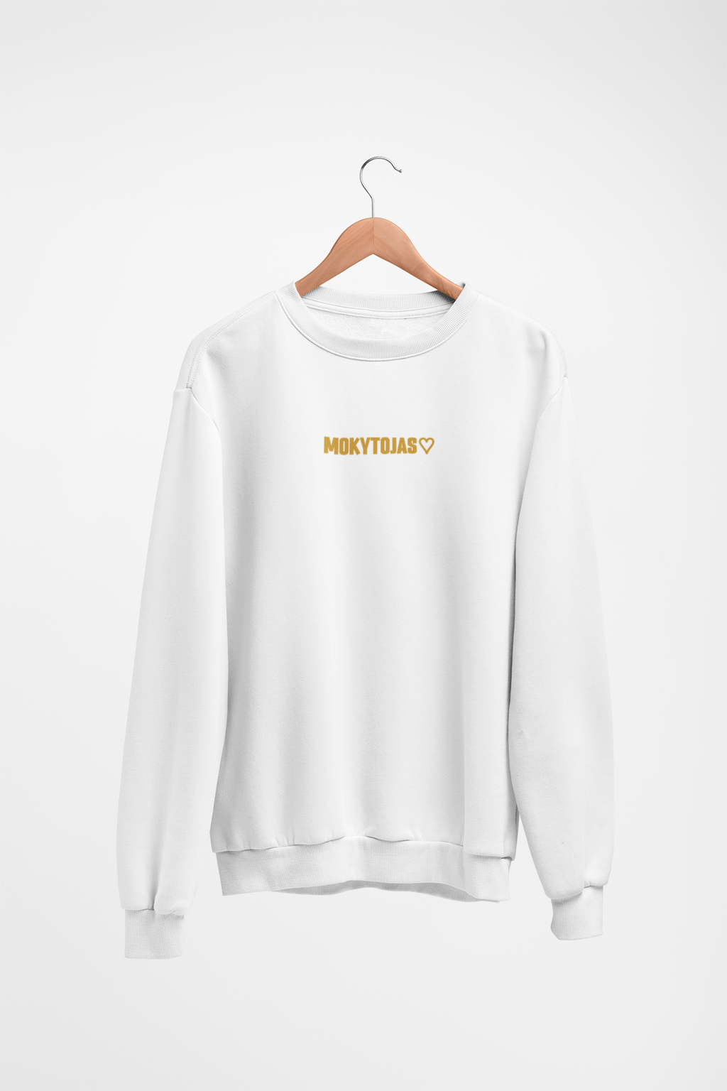 Baltas Unisex džemperis be gobtuvo "Mokytojas su širdele". Mažas užrašas.