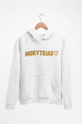 Baltas Unisex džemperis su gobtuvu "Mokytojas su širdele". Didelis užrašas.