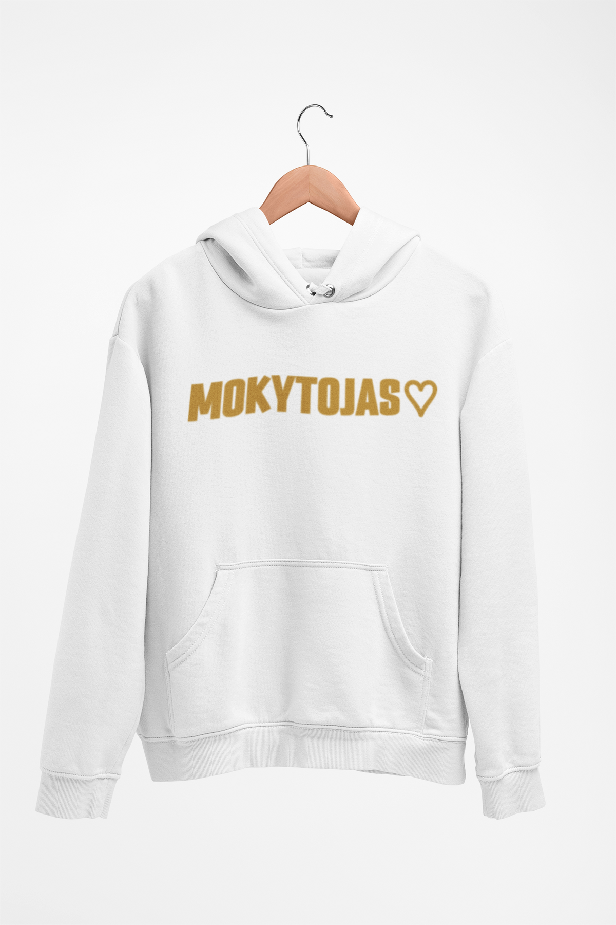 Baltas Unisex džemperis su gobtuvu "Mokytojas su širdele". Didelis užrašas.