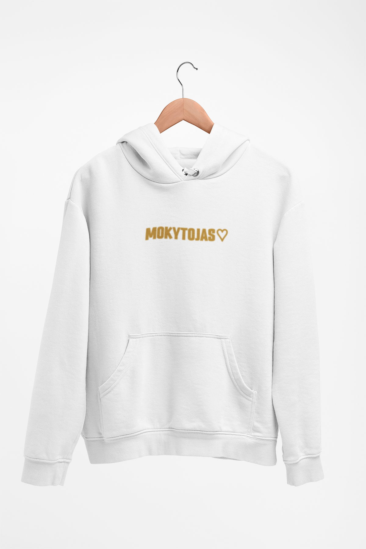 Baltas Unisex džemperis su gobtuvu "Mokytojas su širdele". Mažas užrašas.
