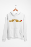 Baltas Unisex džemperis su gobtuvu "Mokytoja su širdele". Didelis užrašas.