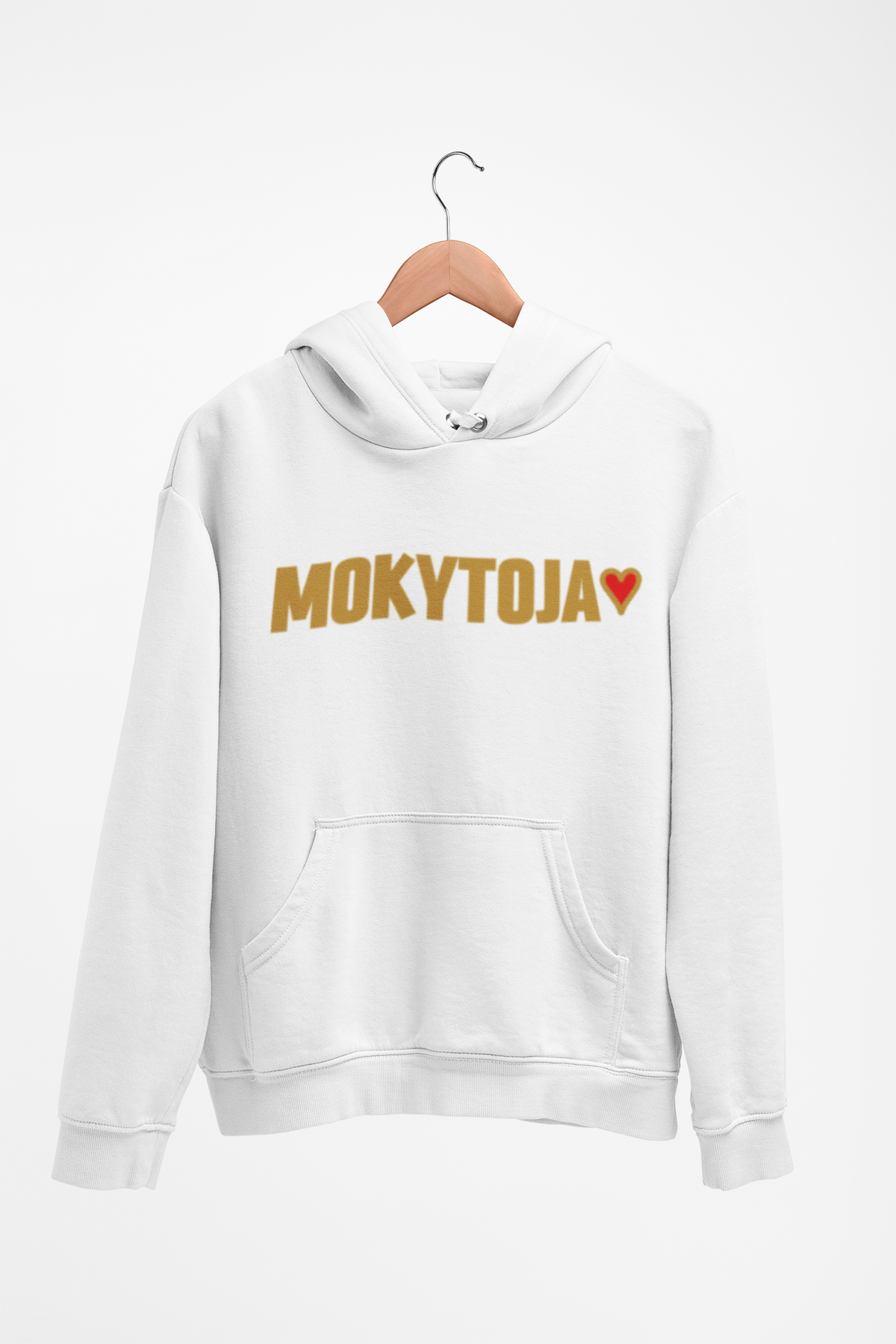 Baltas Unisex džemperis su gobtuvu "Mokytoja su širdele". Didelis užrašas.