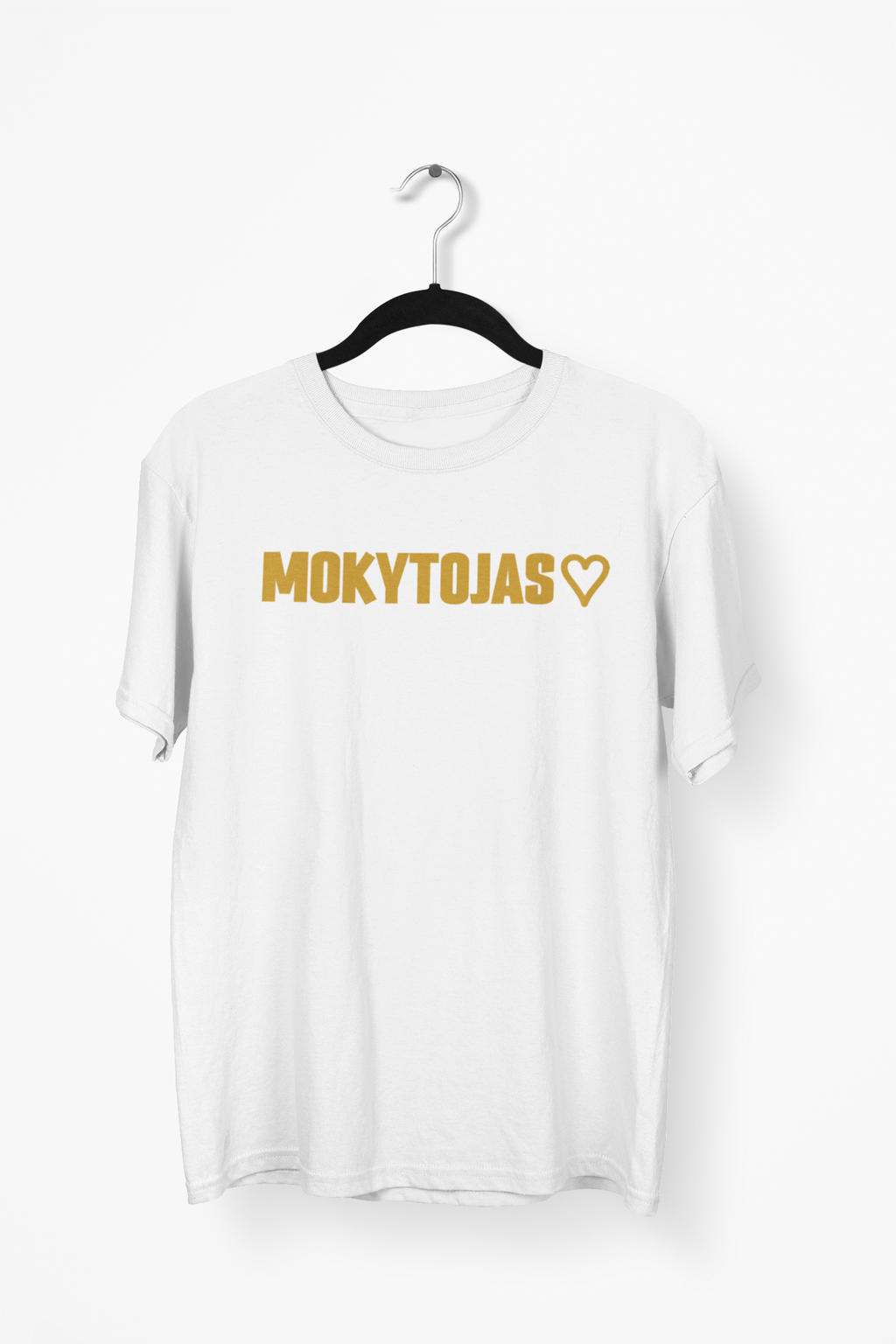 Balti Unisex marškinėliai "Mokytojas su širdele". Didelis užrašas.
