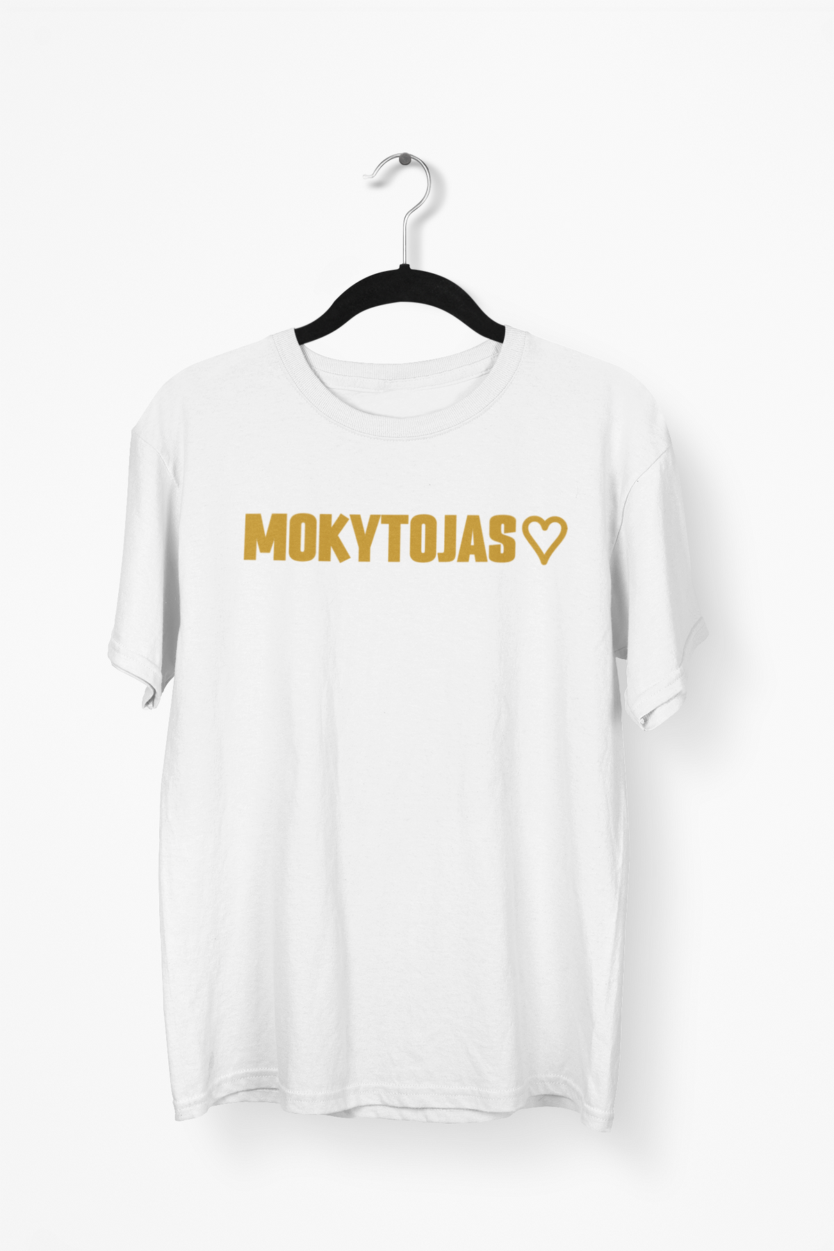 Balti Unisex marškinėliai "Mokytojas su širdele". Didelis užrašas.