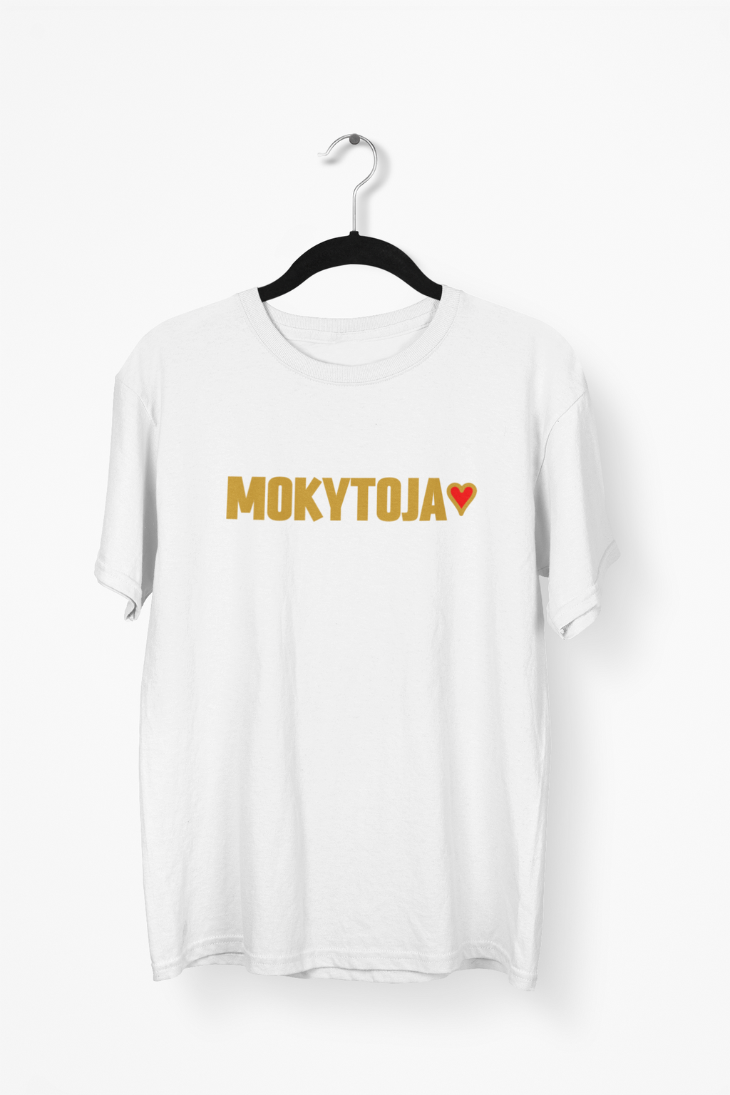 Balti Unisex marškinėliai "Mokytoja su širdele". Didelis užrašas.