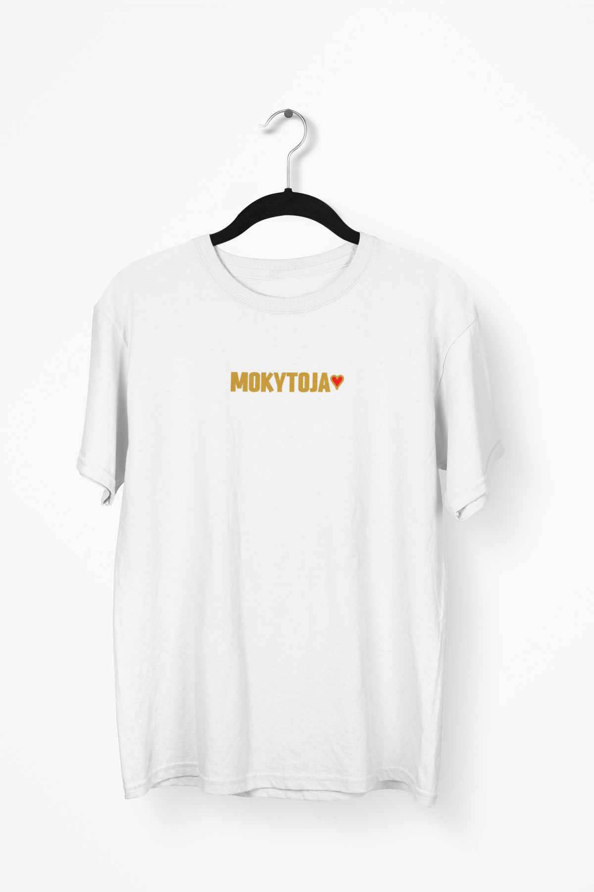 Balti Unisex marškinėliai "Mokytoja su širdele". Mažas užrašas.