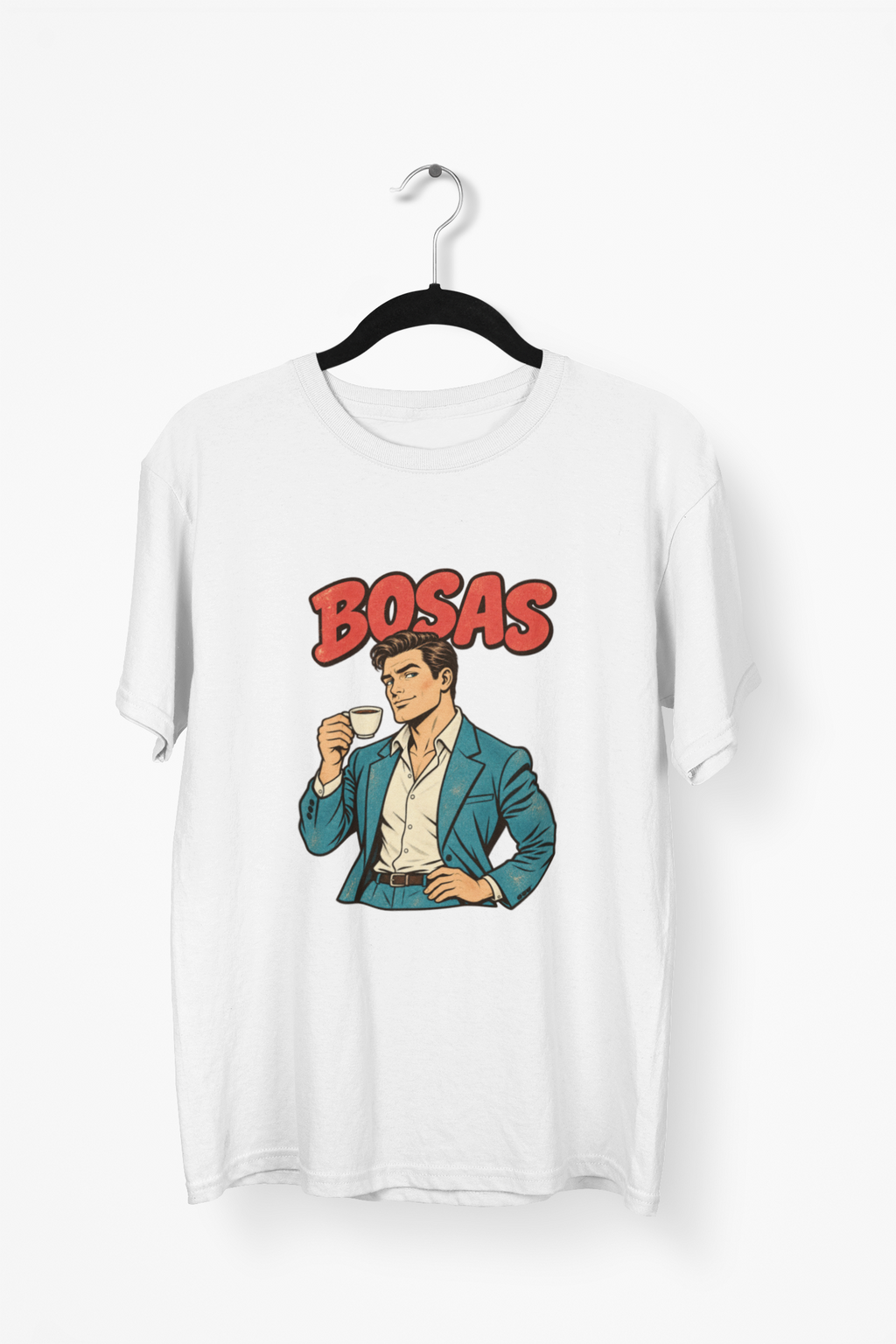 Balti UNISEX marškinėliai "BOSAS" su sendintu piešiniu.