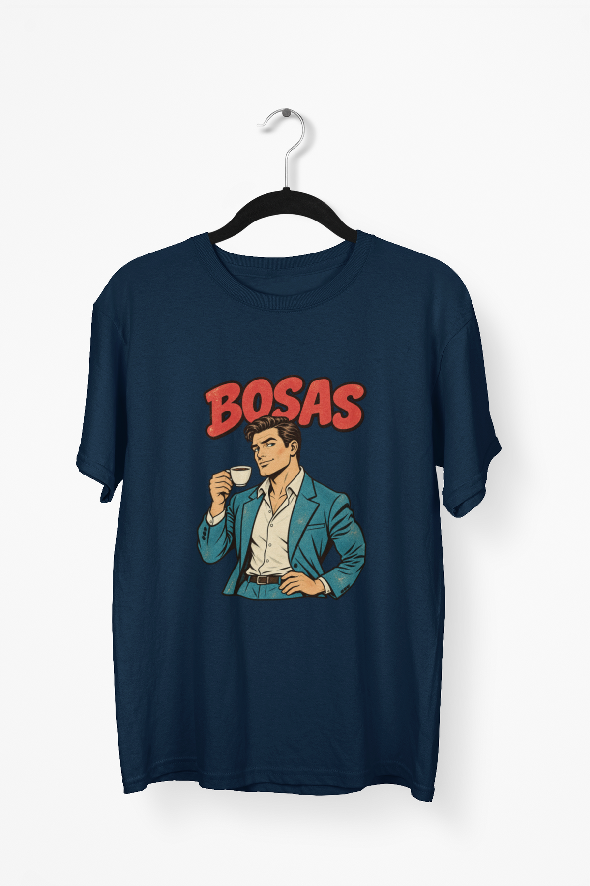 Tamsiai mėlyni UNISEX marškinėliai "BOSAS" su sendintu piešiniu.