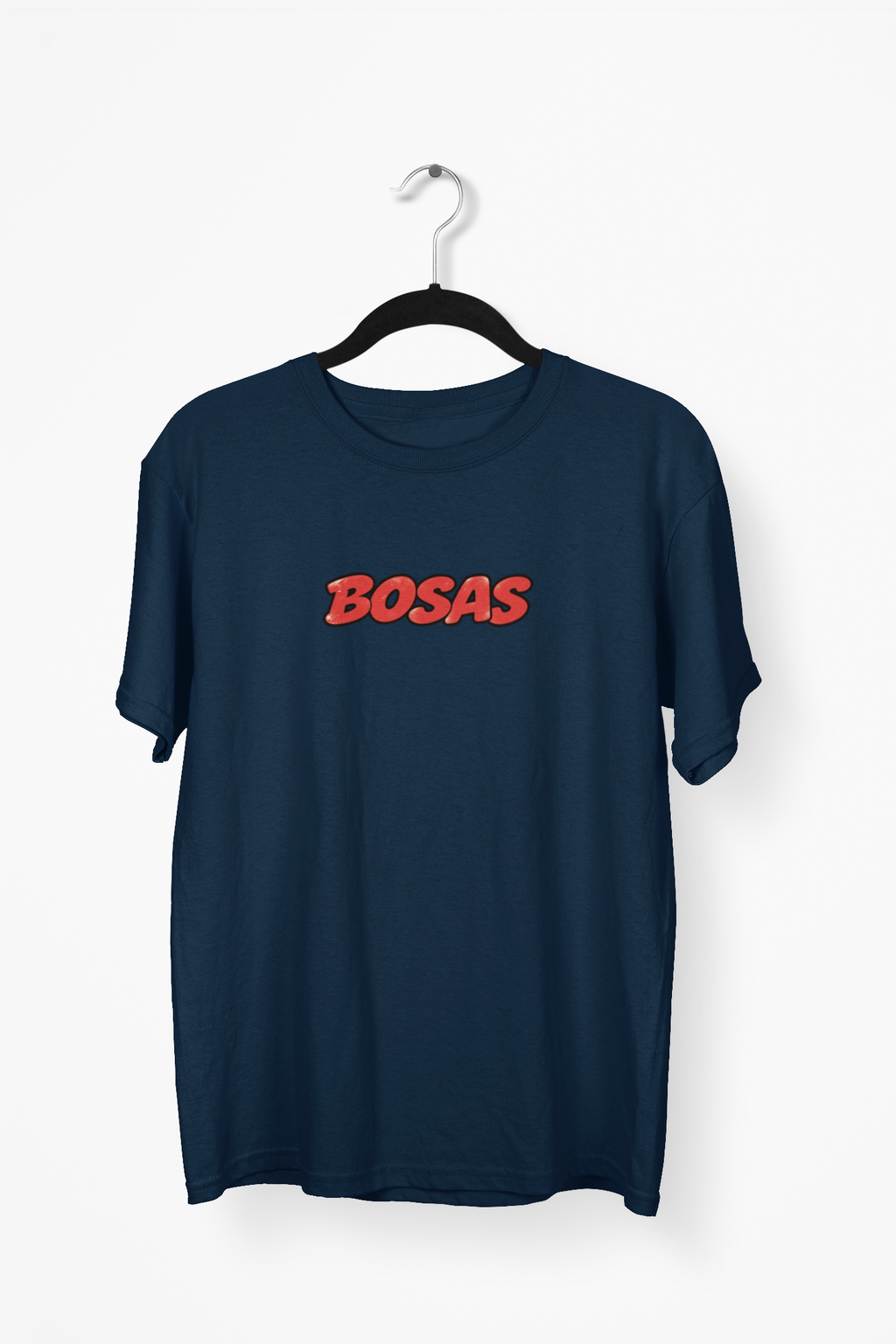 Tamsiai mėlyni UNISEX marškinėliai su sendintu užrašu "BOSAS"