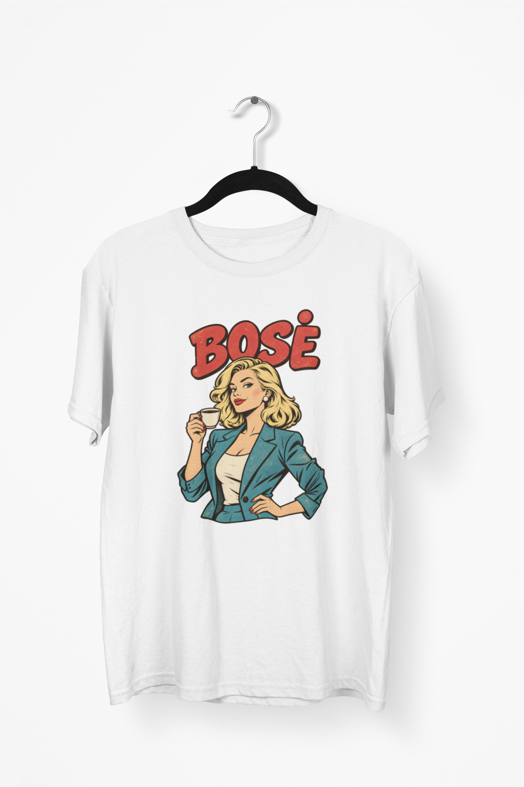 Balti UNISEX marškinėliai "BOSĖ" su sendintu piešiniu.