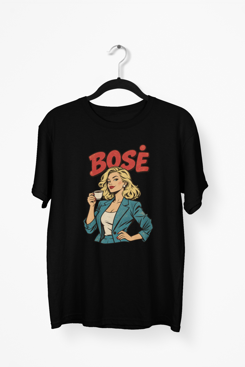 Juodi UNISEX marškinėliai "BOSĖ" su sendintu piešiniu.
