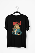 Juodi UNISEX marškinėliai "BOSĖ" su sendintu piešiniu.