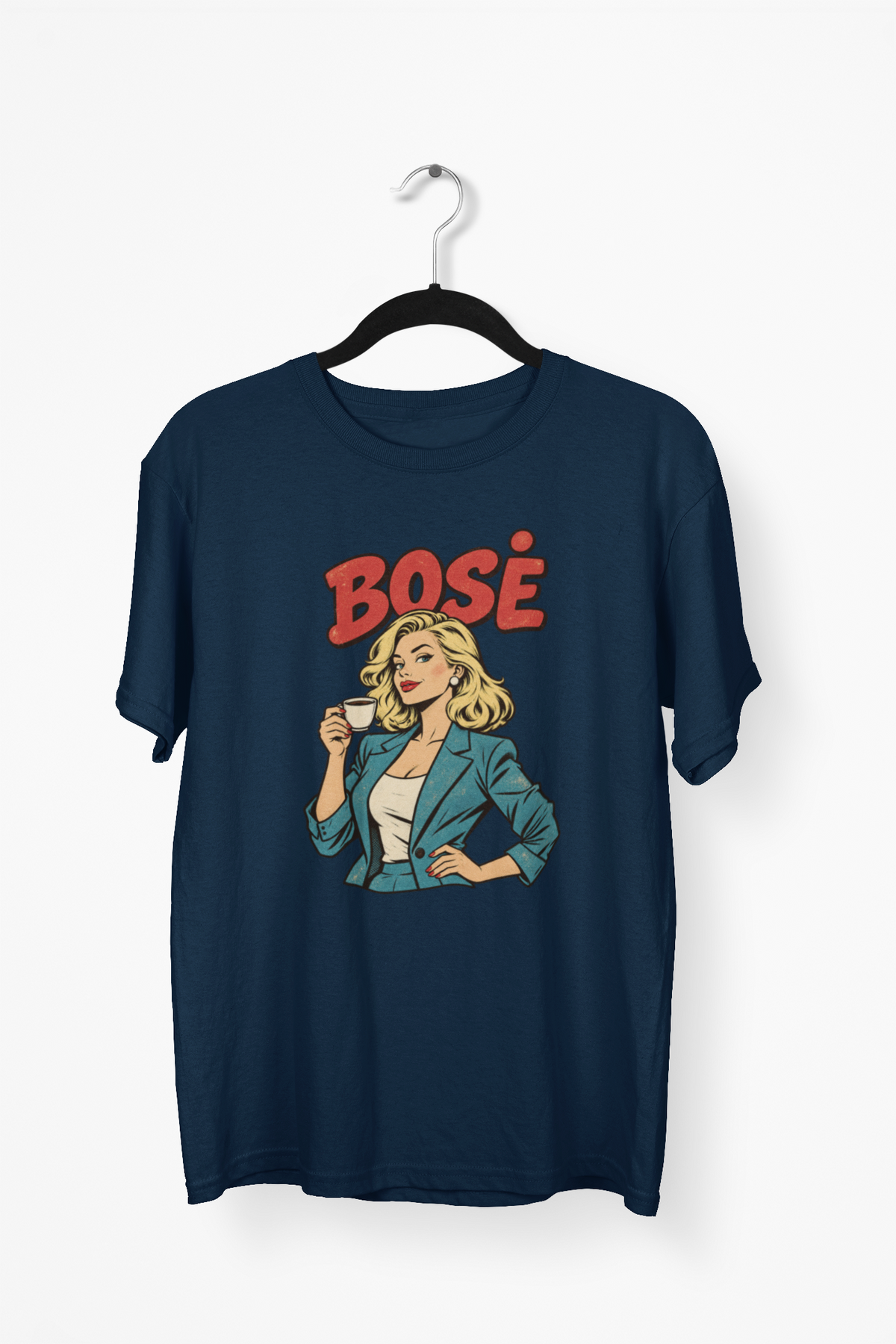 Tamsiai mėlyni UNISEX marškinėliai "BOSĖ" su sendintu piešiniu.