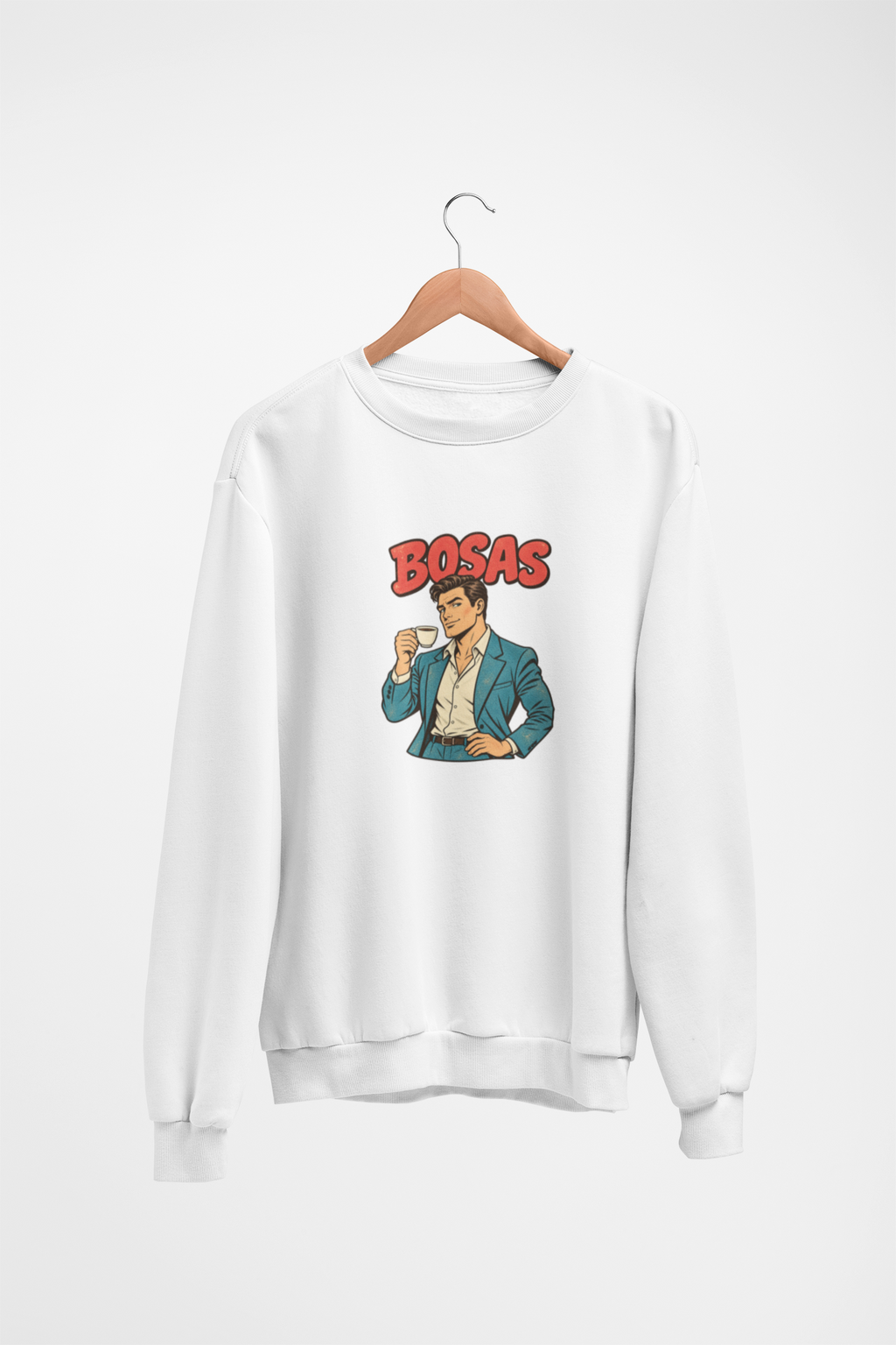 Baltas UNISEX džemperis be gobtuvo "BOSAS" su sendintu piešiniu.