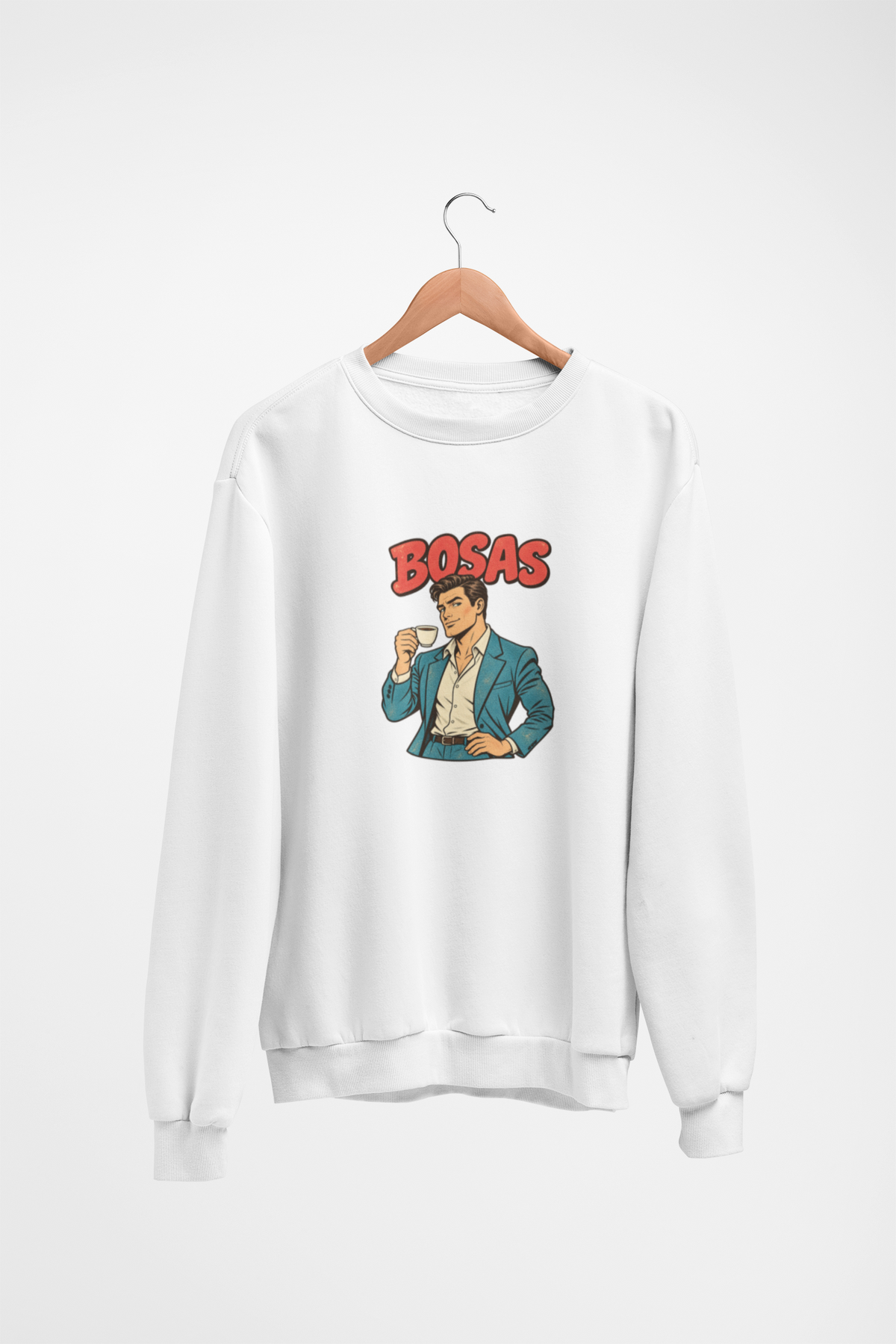 Baltas UNISEX džemperis be gobtuvo "BOSAS" su sendintu piešiniu.