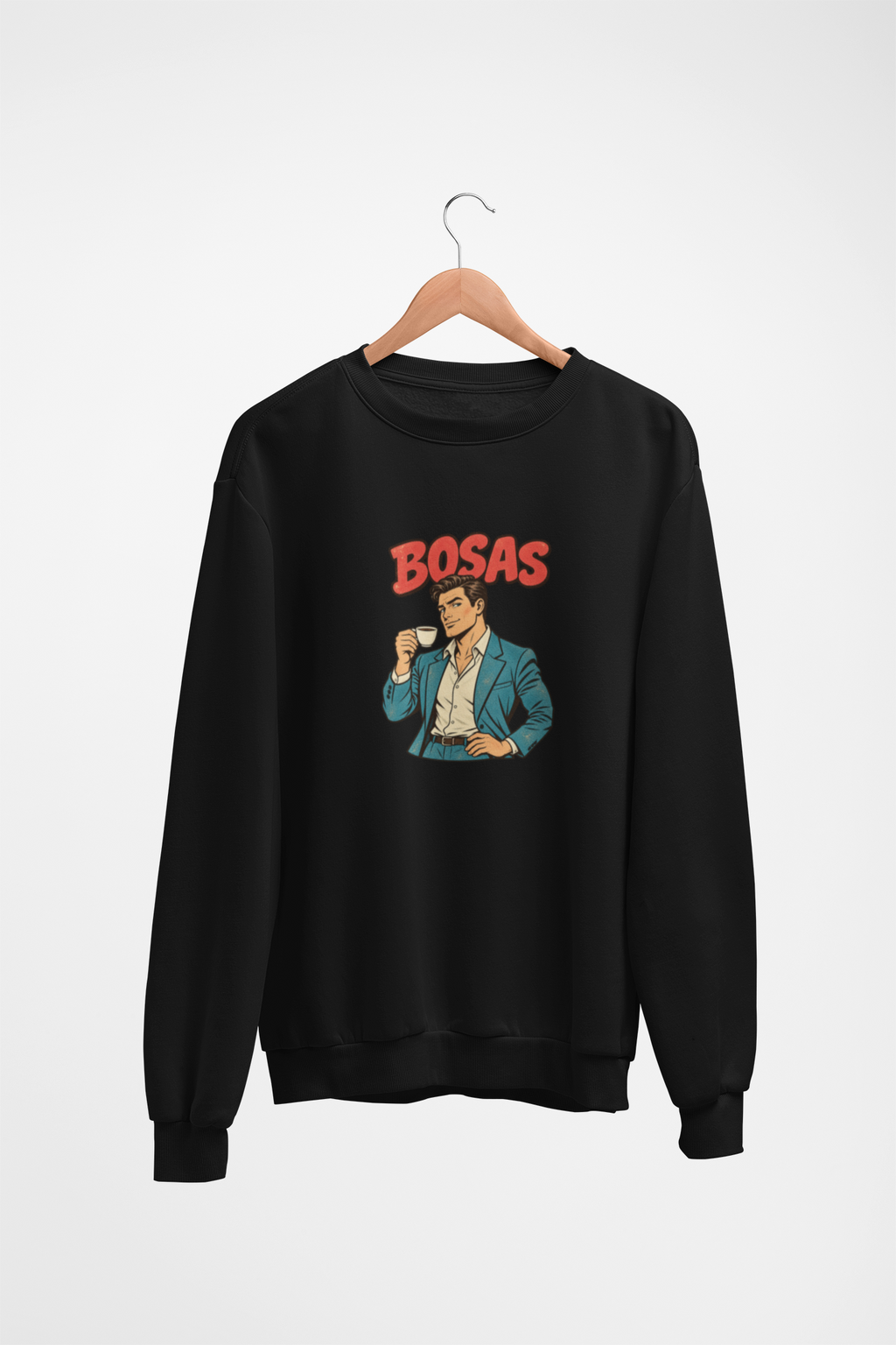 Juodas UNISEX džemperis be gobtuvo "BOSAS" su sendintu piešiniu.