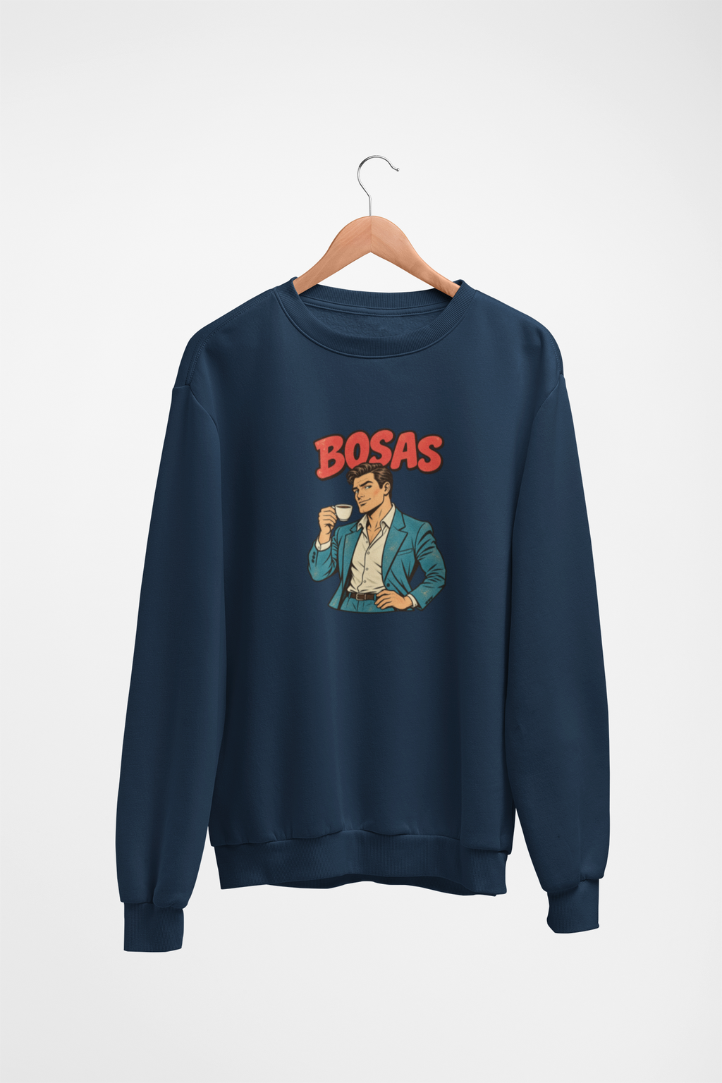 Tamsiai mėlynas UNISEX džemperis be gobtuvo "BOSAS" su sendintu piešiniu.