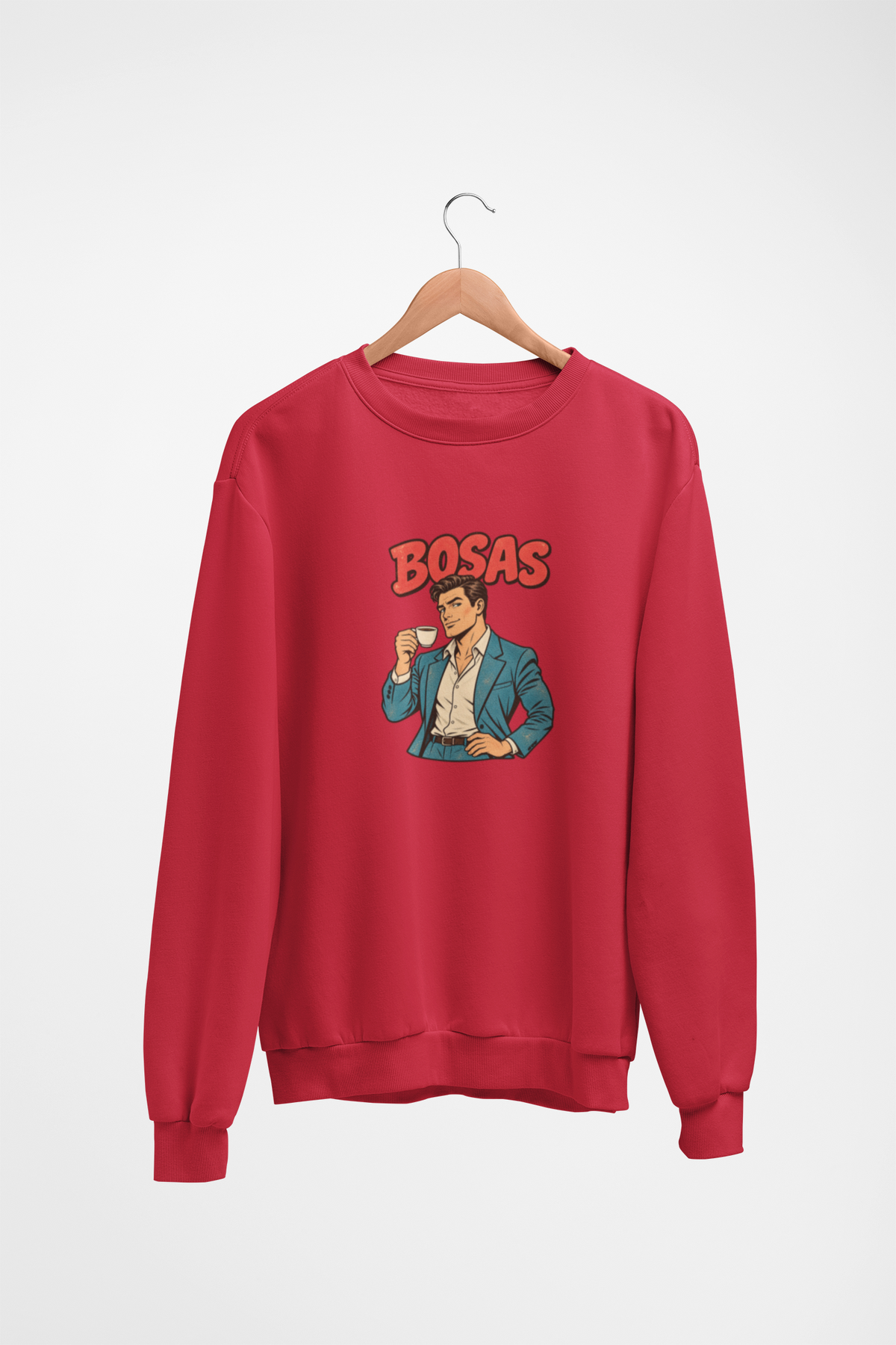 Raudonas UNISEX džemperis be gobtuvo "BOSAS" su sendintu piešiniu.