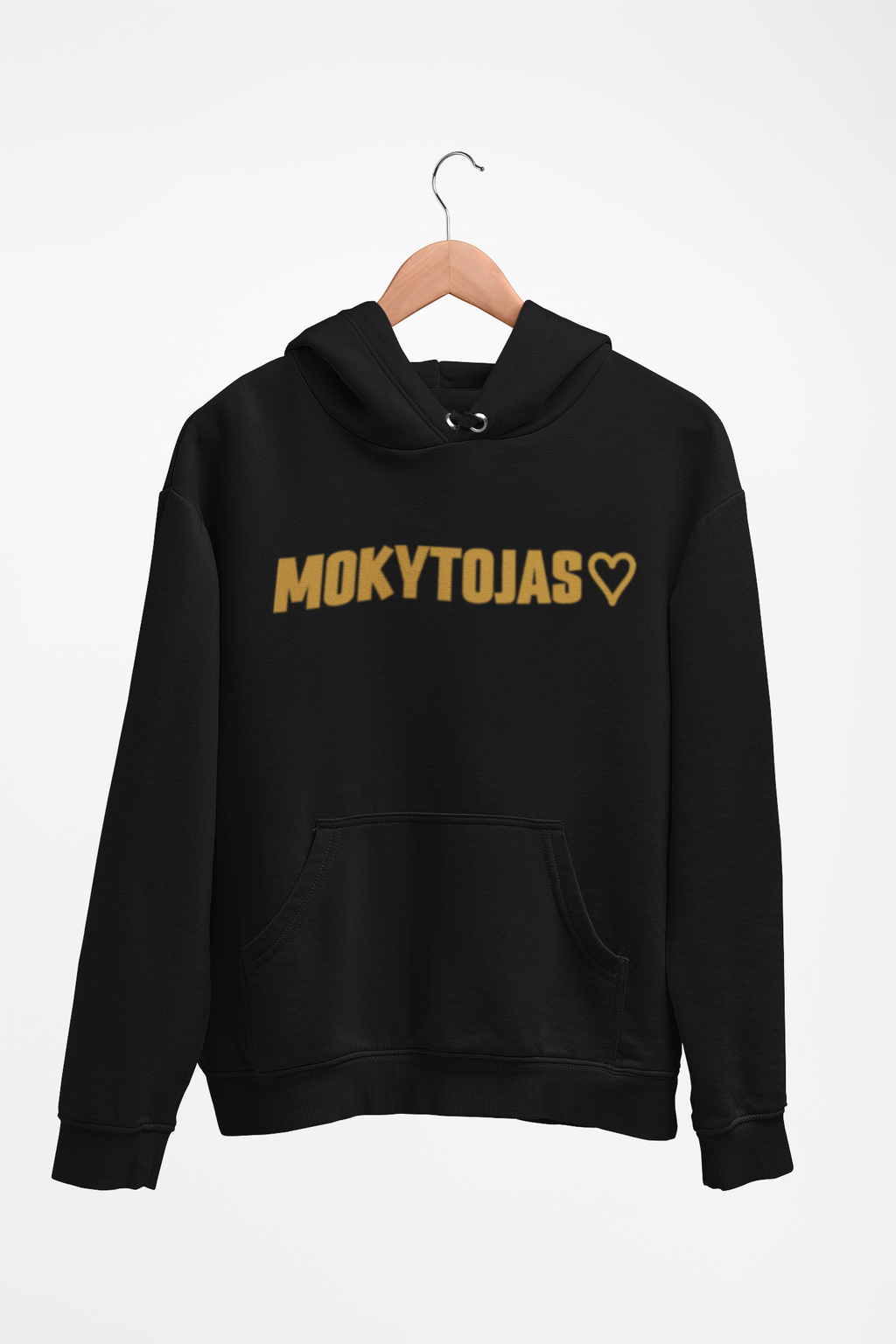 Juodas Unisex džemperis su gobtuvu "Mokytojas su širdele". Didelis užrašas.