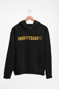 Juodas Unisex džemperis su gobtuvu "Mokytojas su širdele". Didelis užrašas.