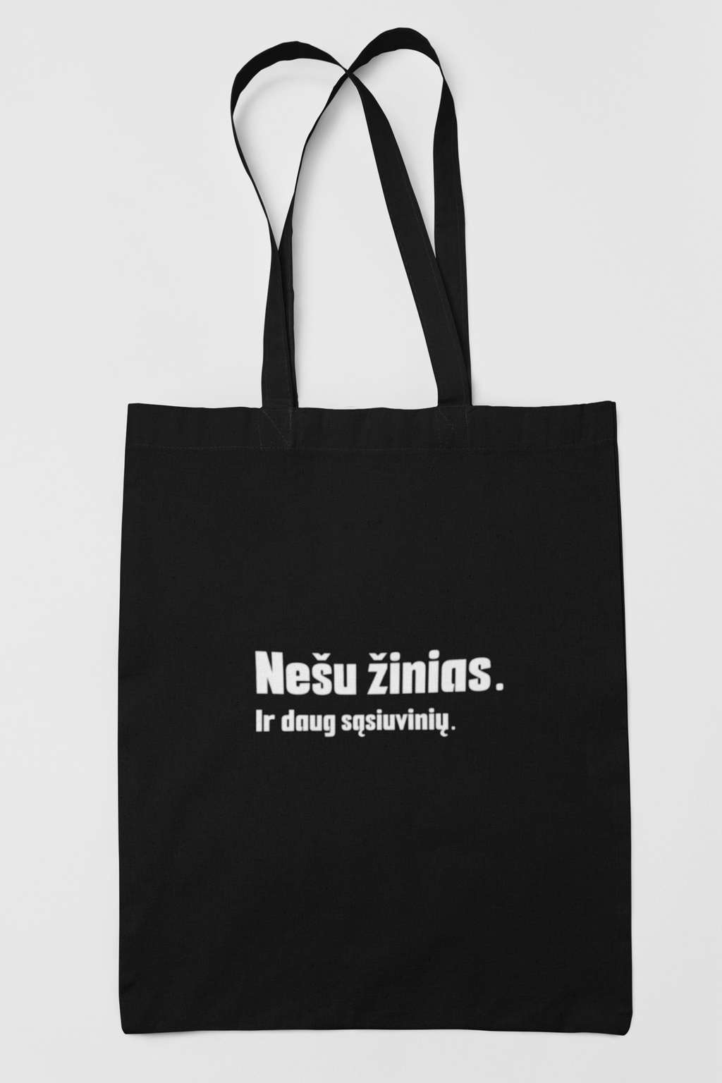 Juodas pirkinių krepšys dvigubu dugnu "Nešu žinias. Ir daug sąsiuvinių"