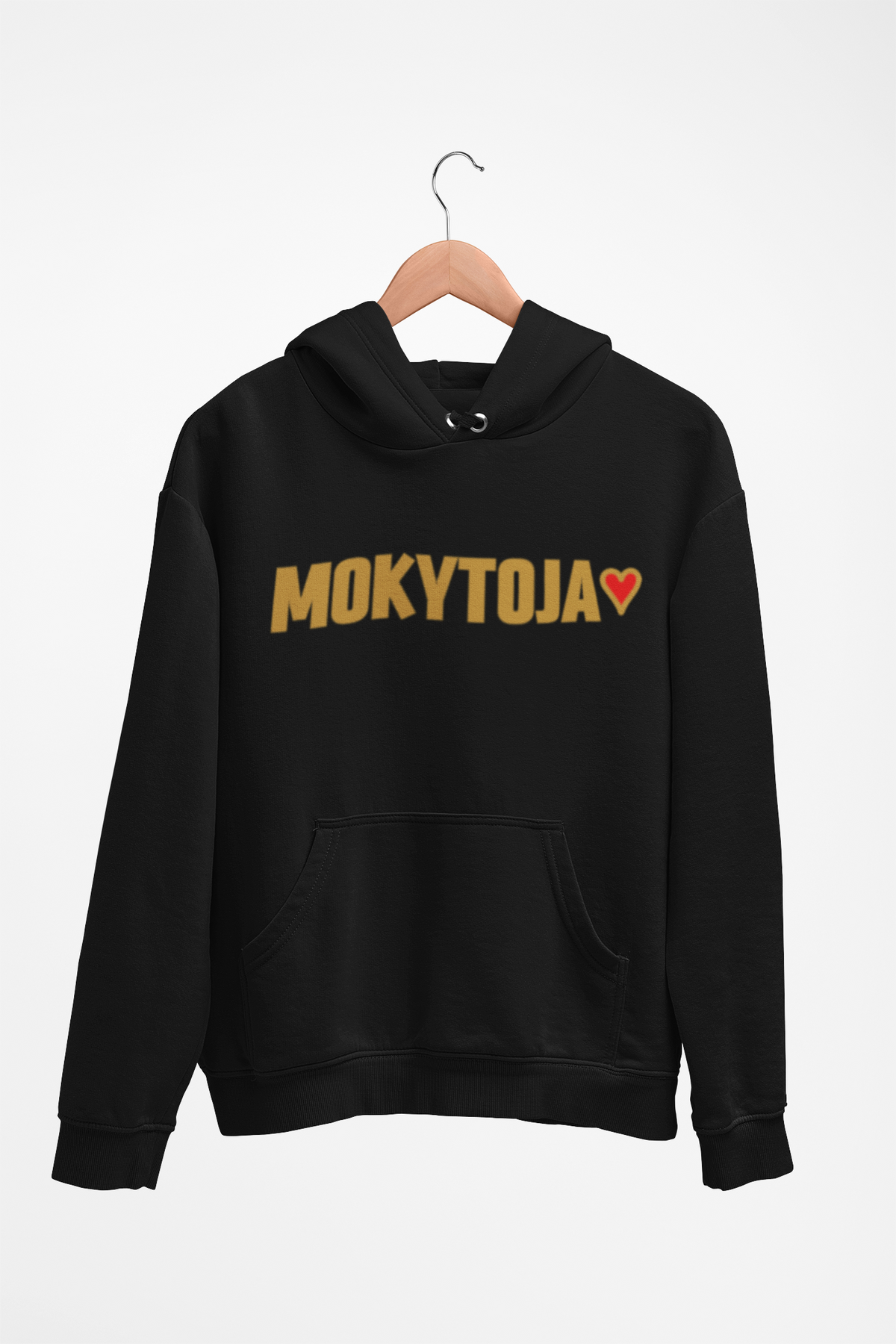 Juodas Unisex džemperis su gobtuvu "Mokytoja su širdele". Didelis užrašas.