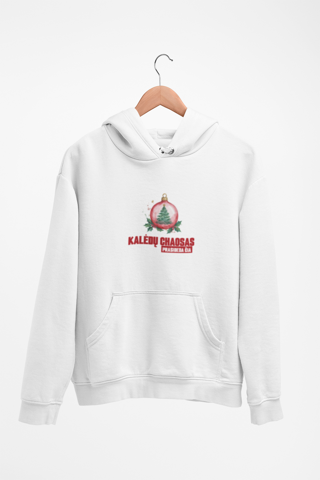 Baltas UNISEX džemperis su gobtuvu "Kalėdų chaosas, prasideda čia."