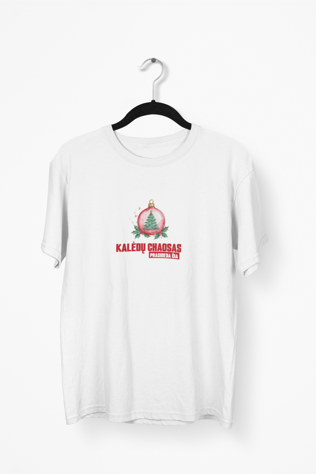 Balti UNISEX marškinėliai "Kalėdų chaosas, prasideda čia."