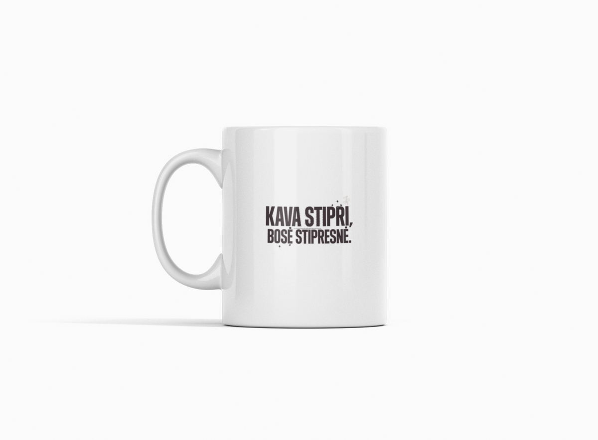 Baltas puodelis "Kava stipri, bosė stipresnė." Su piešiniu.