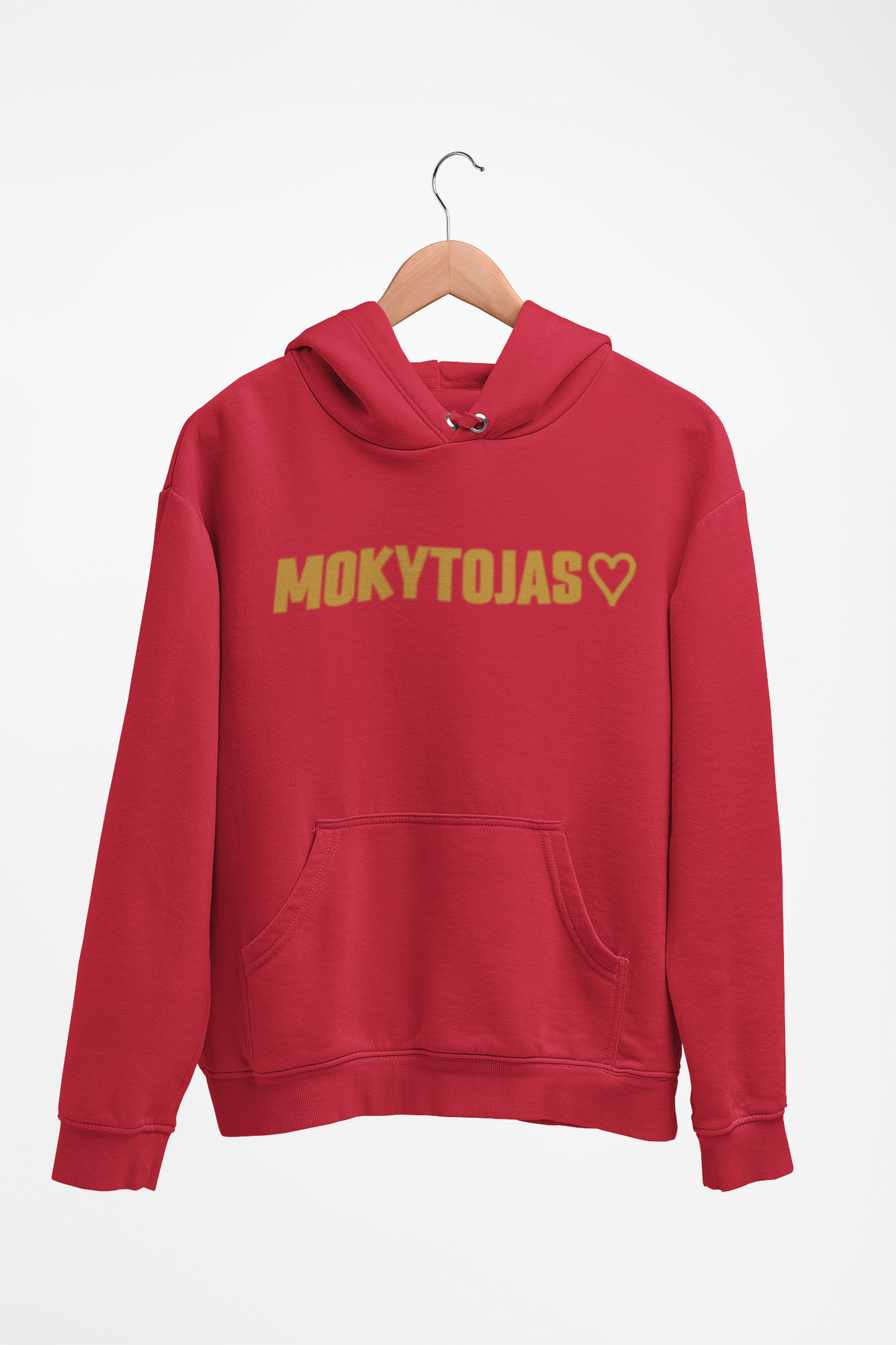 Raudonas Unisex džemperis su gobtuvu "Mokytojas su širdele". Didelis užrašas.