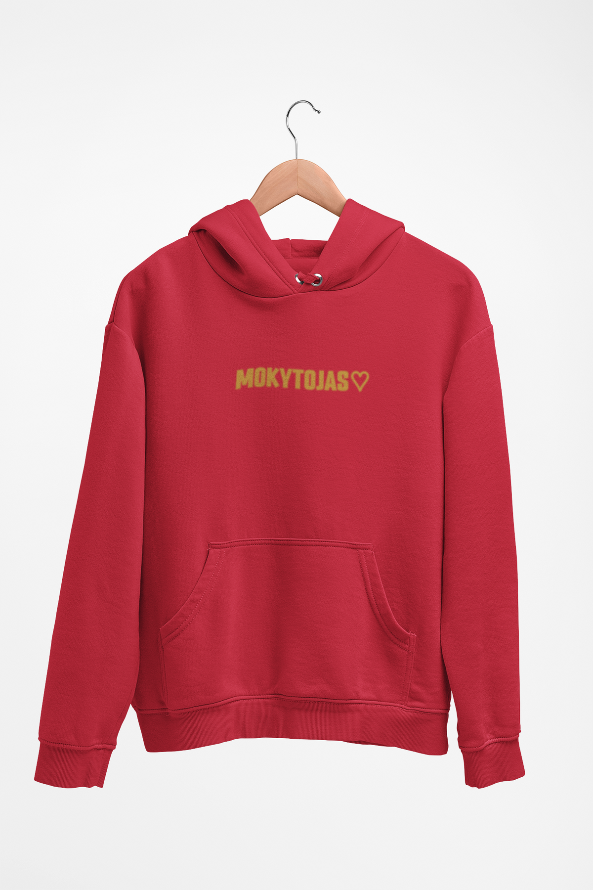 Raudonas Unisex džemperis su gobtuvu "Mokytojas su širdele". Mažas užrašas.