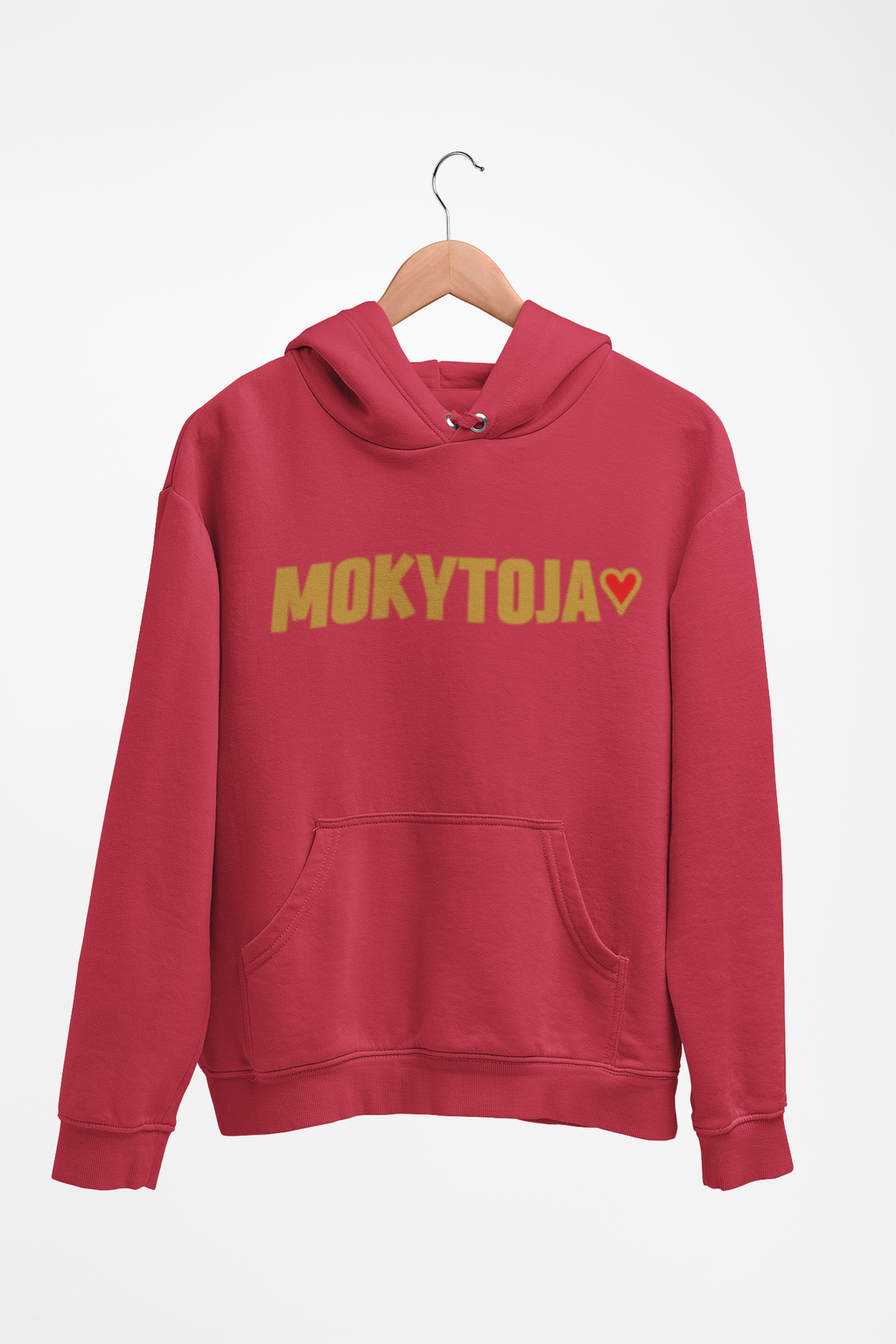 Raudonas Unisex džemperis su gobtuvu "Mokytoja su širdele". Didelis užrašas.