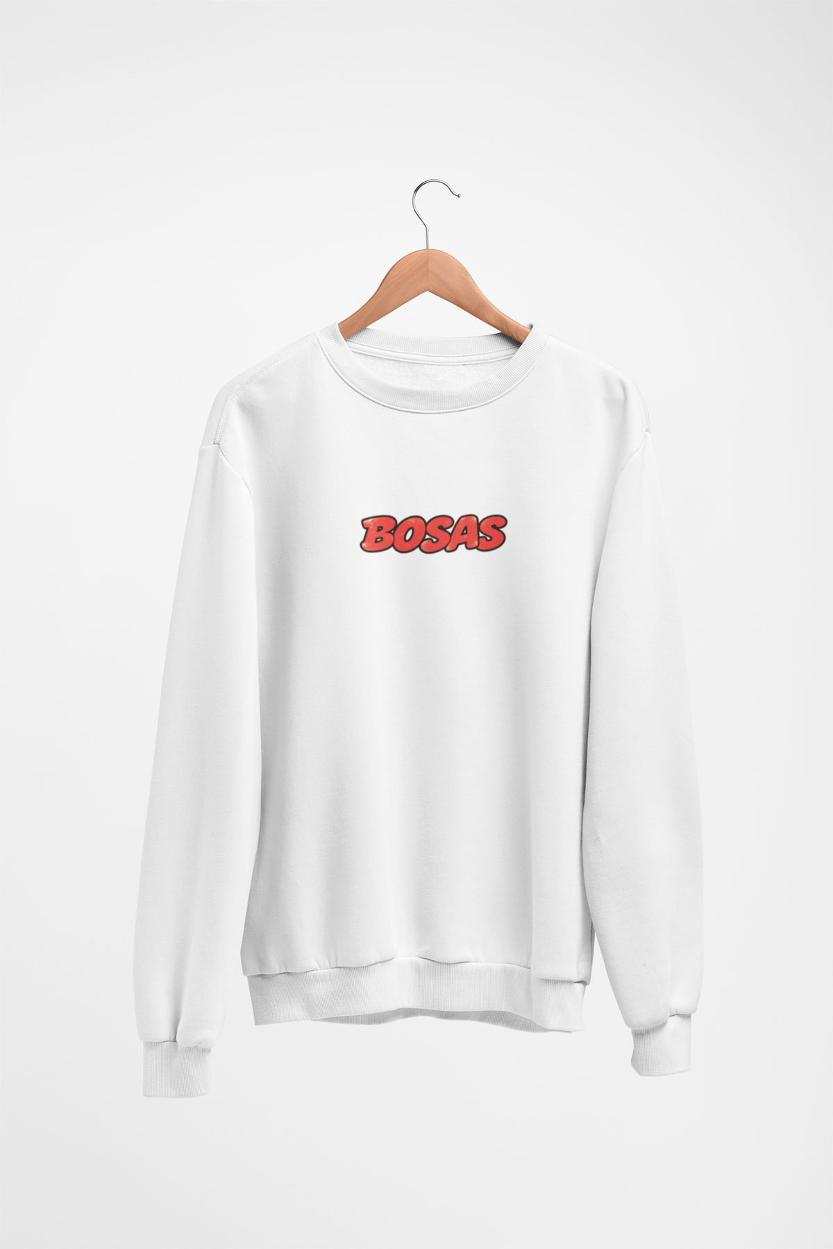 Baltas UNISEX džemperis be gobtuvo su sendintu užrašu "BOSAS"