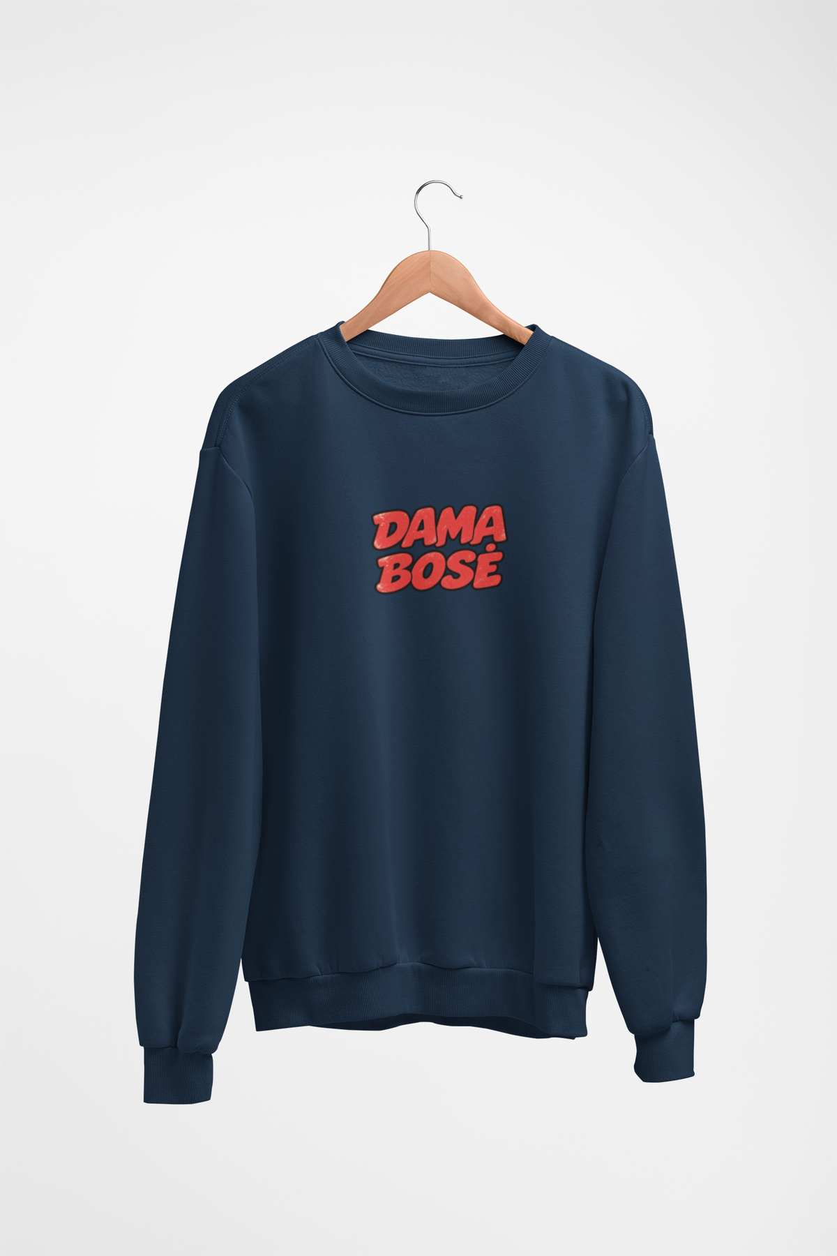 Tamsiai mėlynas UNISEX džemperis be gobtuvo su sendintu užrašu "DAMA BOSĖ"