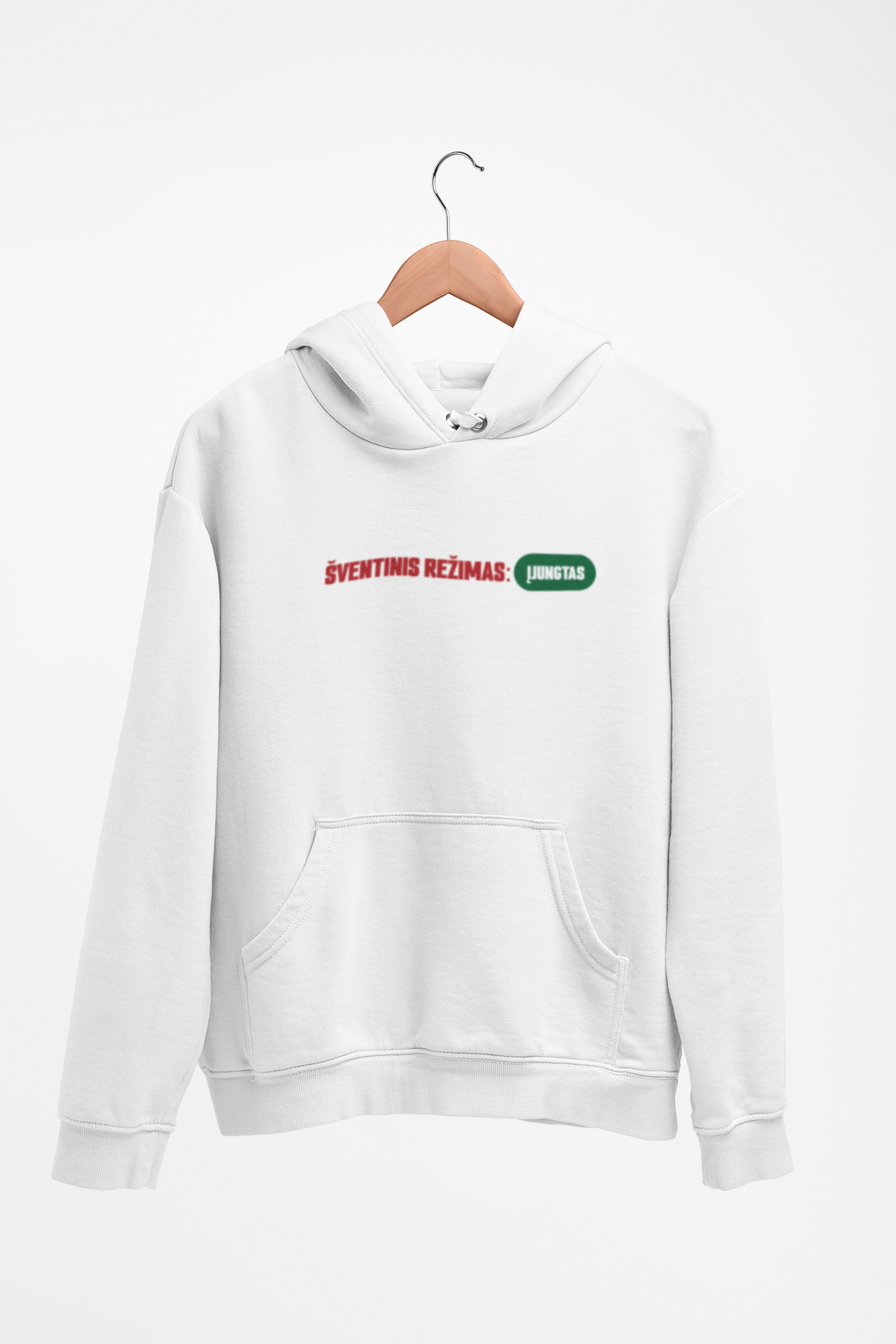 Baltas UNISEX džemperis su gobtuvu "Šventinis rėžimas įjungtas."