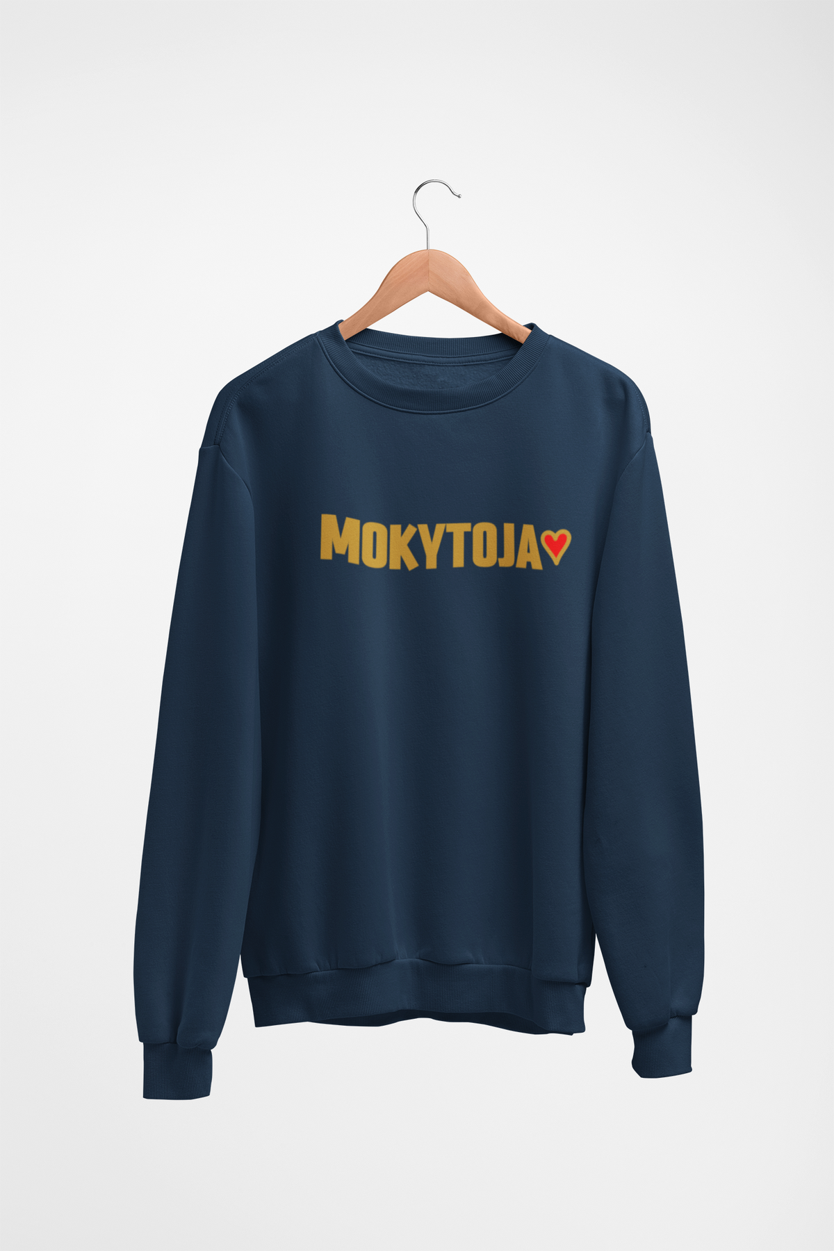 Tamsiai mėlynas Unisex džemperis be gobtuvo "Mokytoja su širdele". Didelis užrašas.