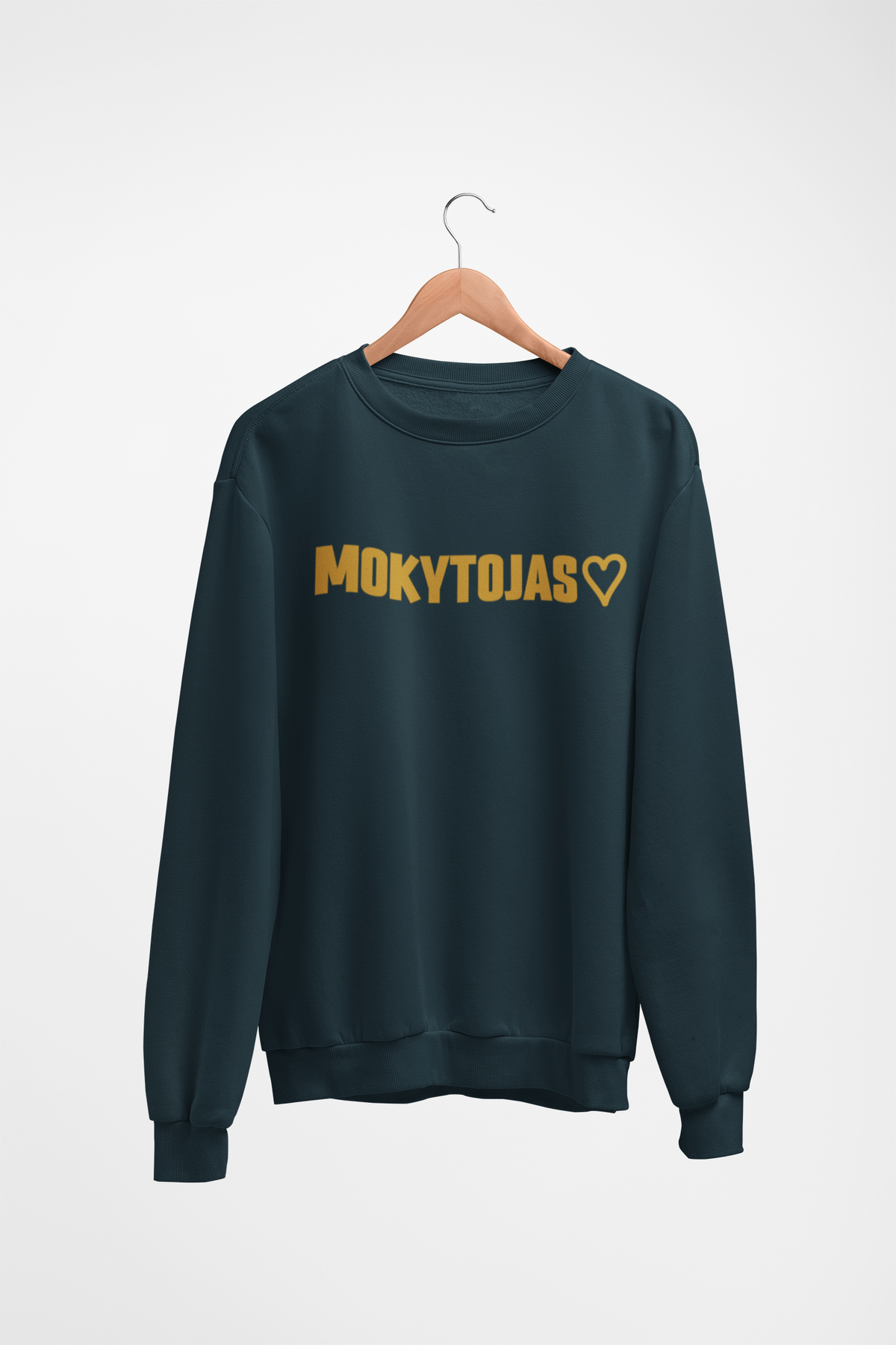 Tamsiai mėlynas Unisex džemperis be gobtuvo "Mokytojas su širdele". Didelis užrašas.
