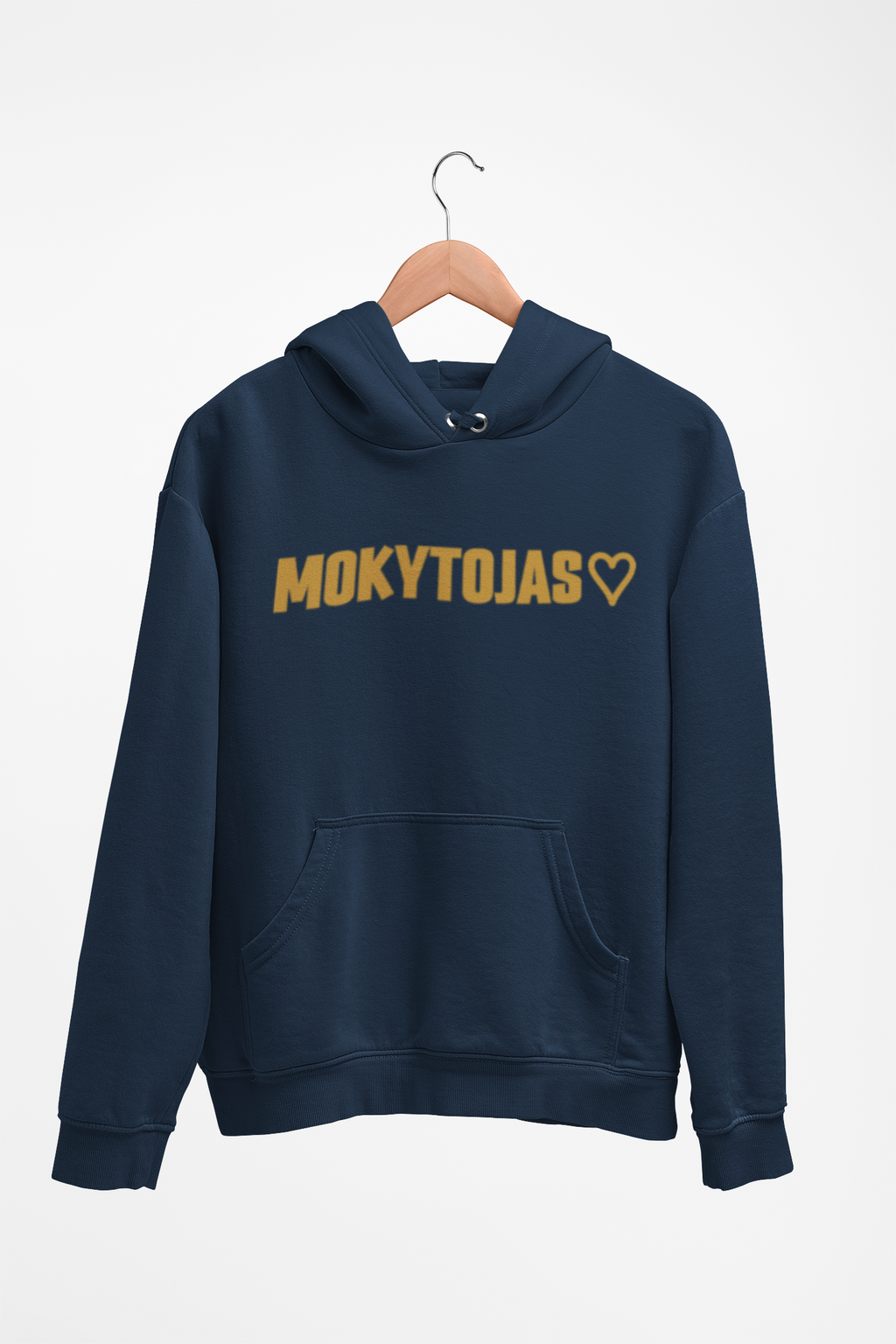 Tamsiai mėlynas Unisex džemperis su gobtuvu "Mokytojas su širdele". Didelis užrašas.