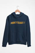 Tamsiai mėlynas Unisex džemperis su gobtuvu "Mokytojas su širdele". Didelis užrašas.
