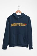 Tamsiai mėlynas Unisex džemperis su gobtuvu "Mokytoja su širdele". Didelis užrašas.