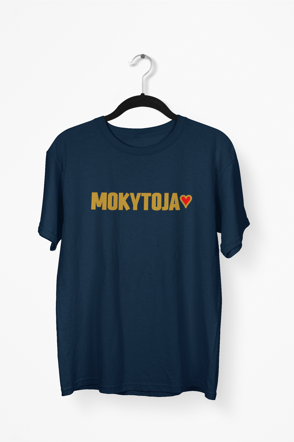 Tamsiai mėlyni Unisex marškinėliai "Mokytoja su širdele". Didelis užrašas.