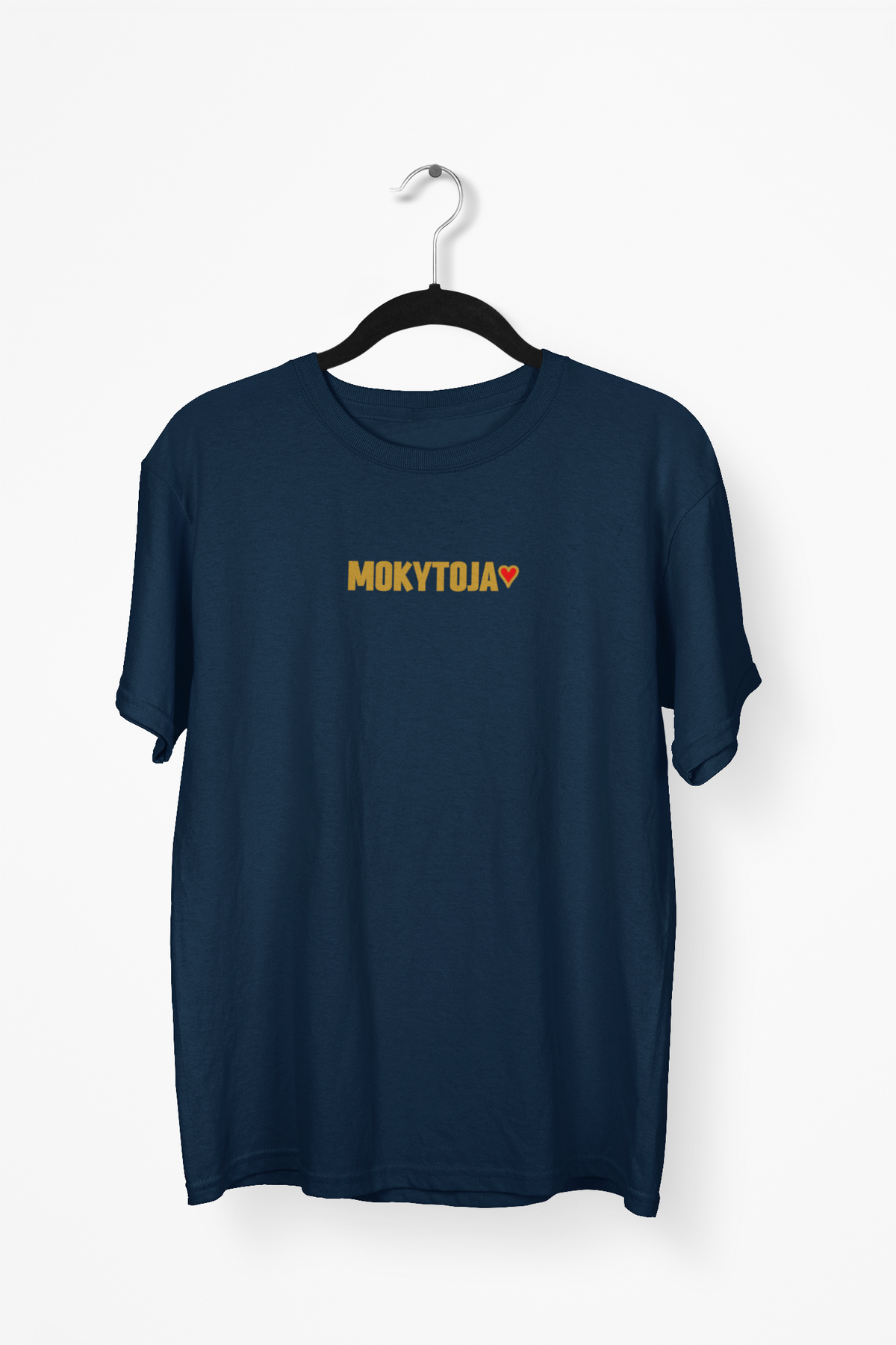 Tamsiai mėlyni Unisex marškinėliai "Mokytoja su širdele". Mažas užrašas.